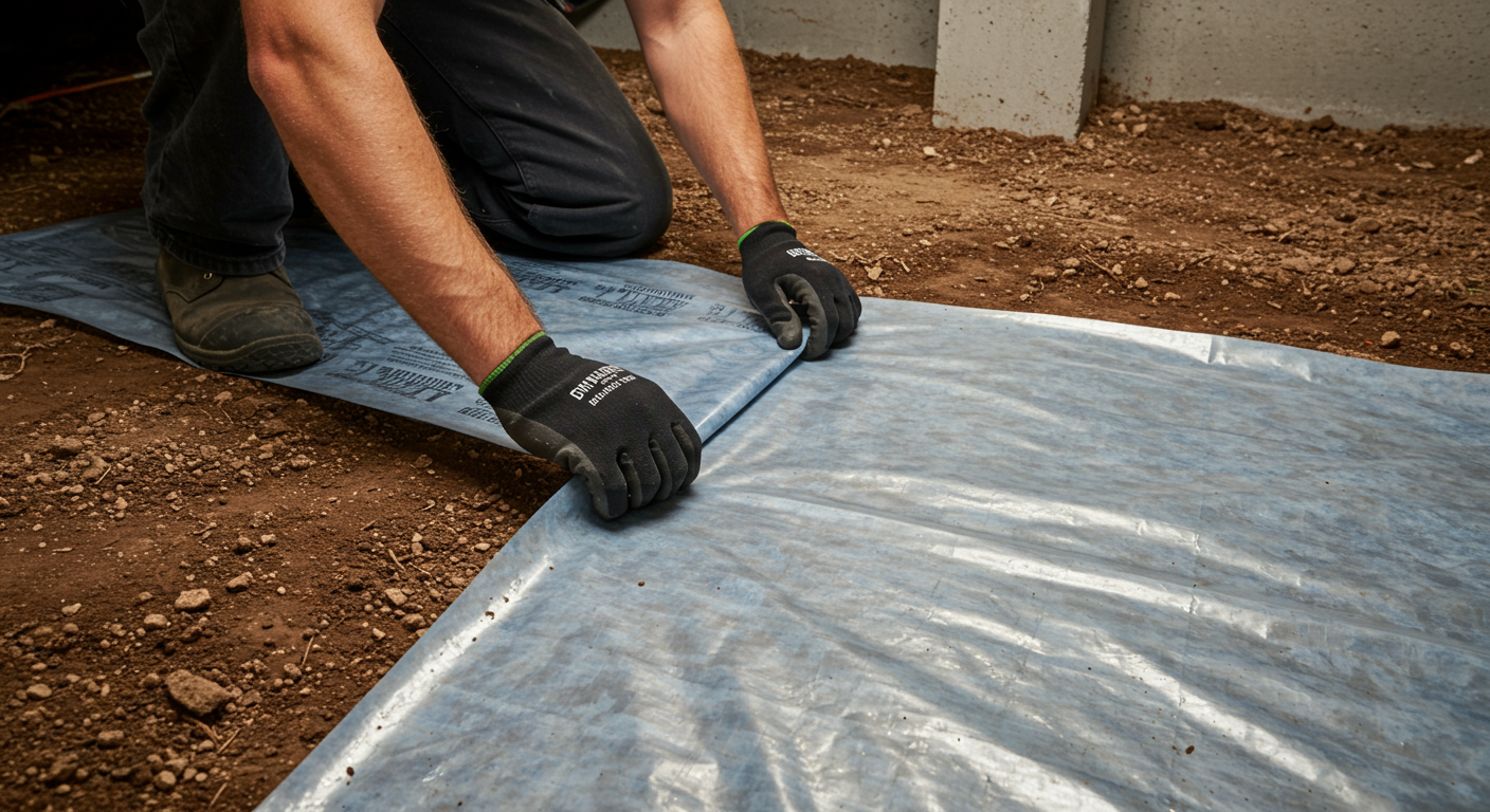 A technician actively working on encapsulating a crawl space, demonstrating the installation of a vapor barrier.