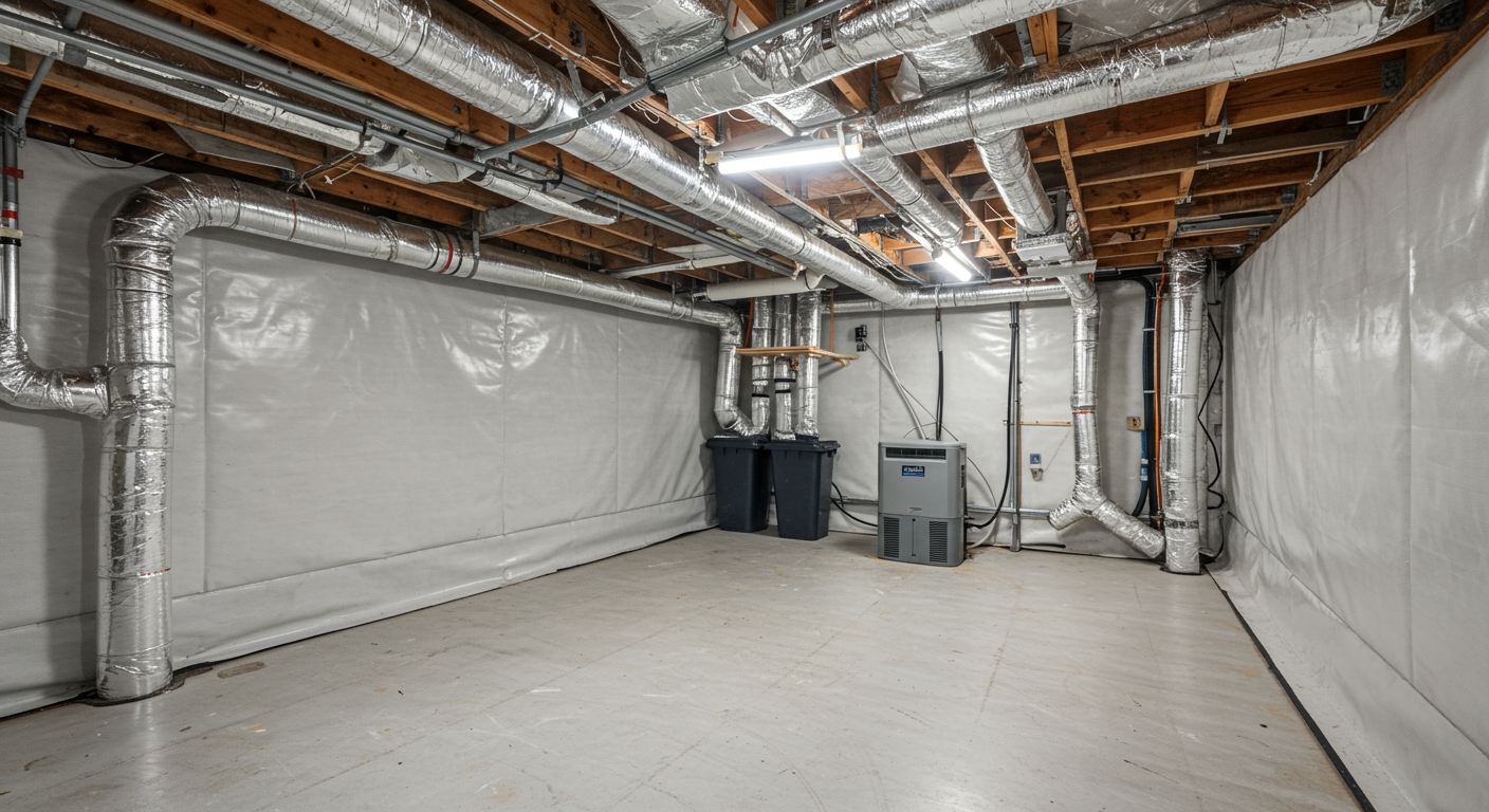 A serene and clean encapsulated crawl space with a view of the bright white vapor barrier and a dehumidifier working efficiently.