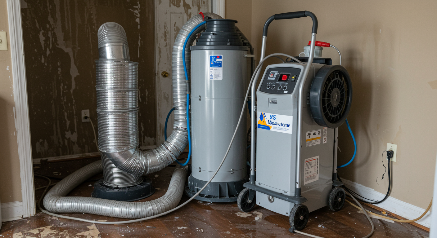 A close-up of industrial-grade drying equipment (air movers and dehumidifiers) being used in a water-damaged home. The equipment is placed in a room with visible water stains on the walls and floor, emphasizing the drying process. The setting reflects a typical home in Kenner, LA.