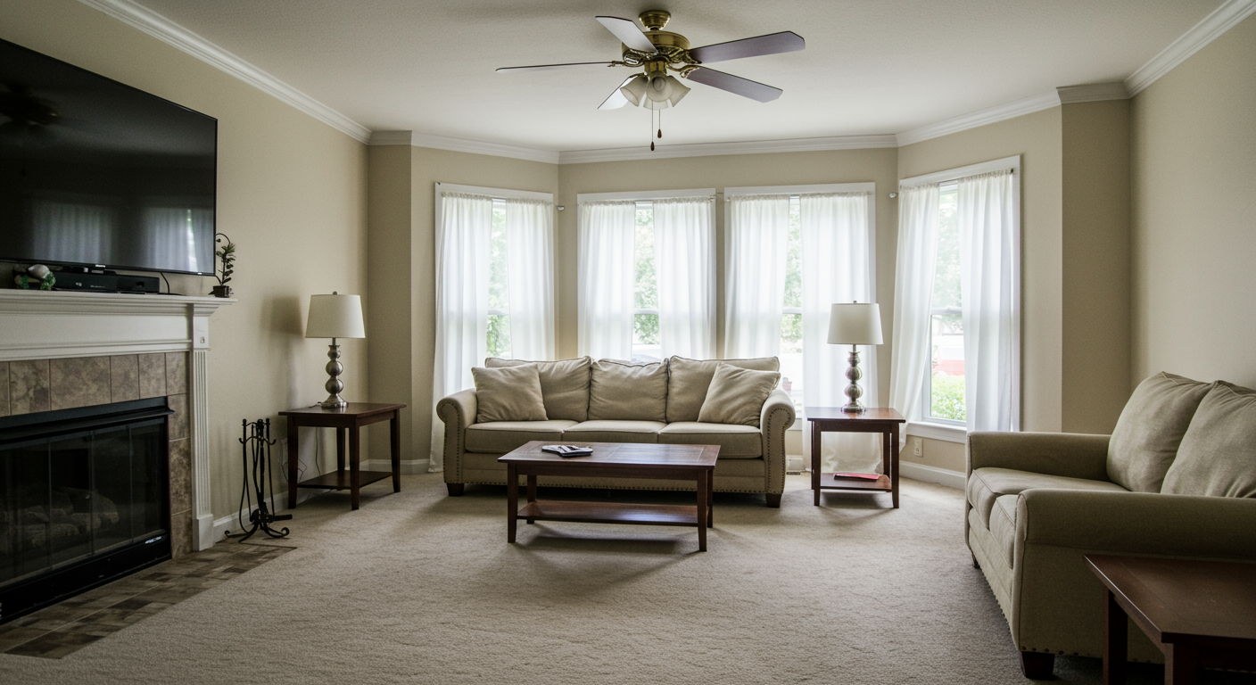 A serene image of a fully restored living room in Biloxi, MS, with clean, dry furniture and a cozy atmosphere.