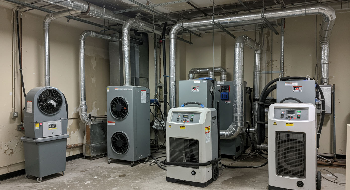 Industrial-grade dehumidifiers and air movers in action
