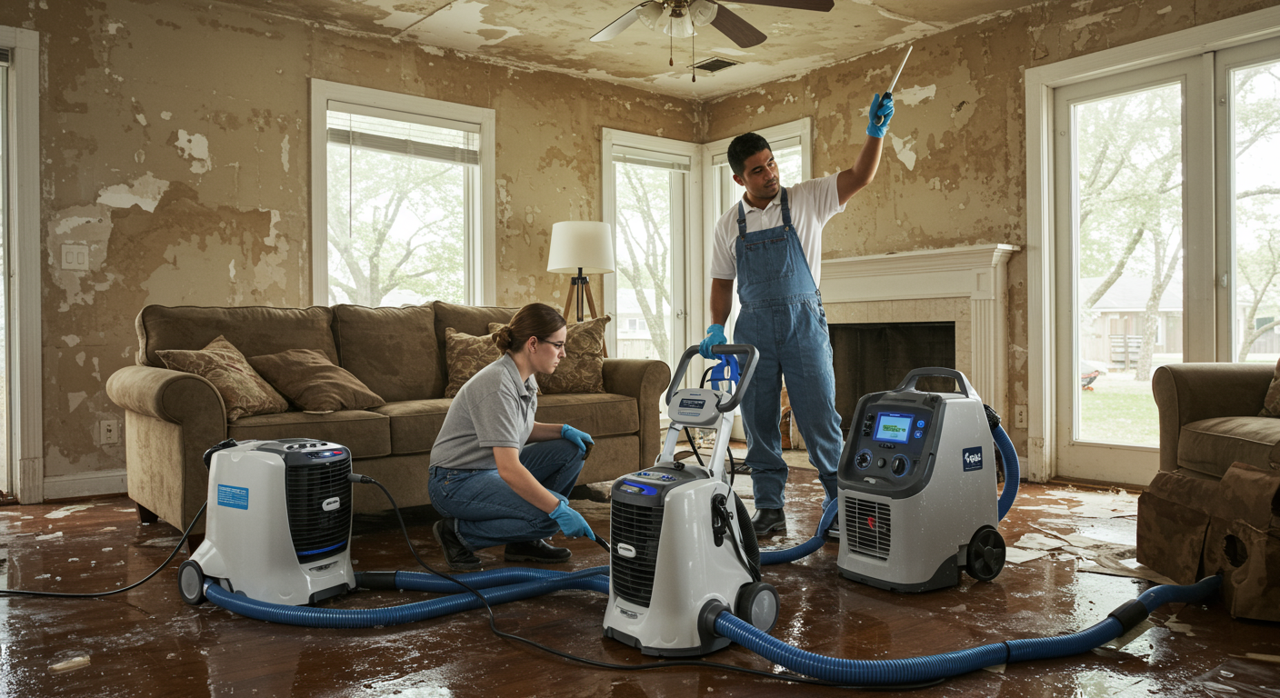 A team of water restoration professionals working together in a damaged home. They are using drying equipment and inspecting the area.