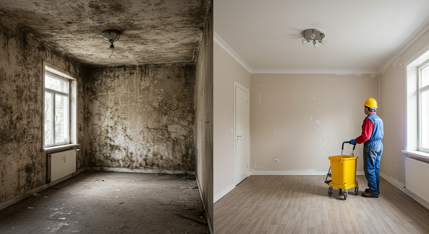 A before-and-after image showing a room affected by mold and the same room after professional remediation, showcasing the transformation.