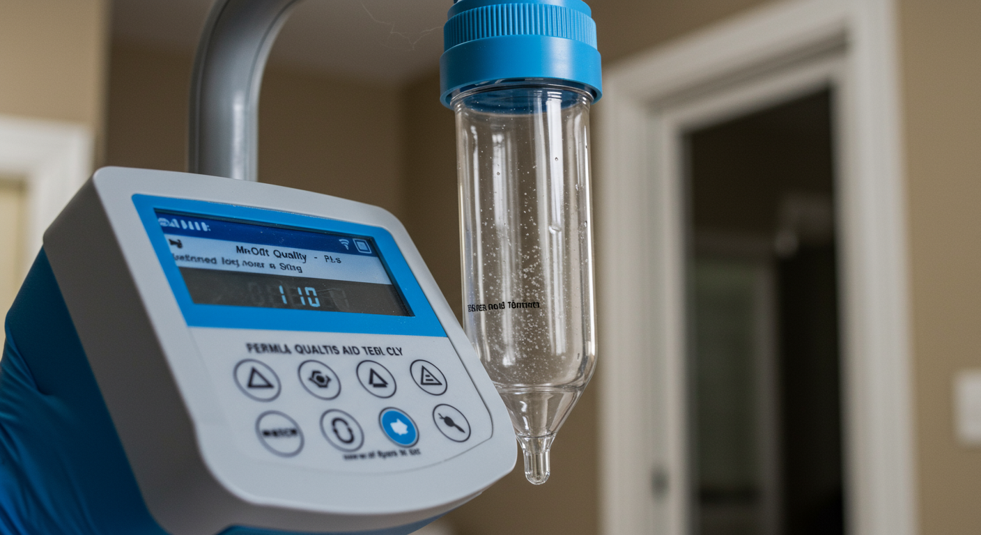 A close-up of an air quality sampling device in use, capturing air particles for mold testing. The setting is a residential home with a clean, neutral background to emphasize the equipment.