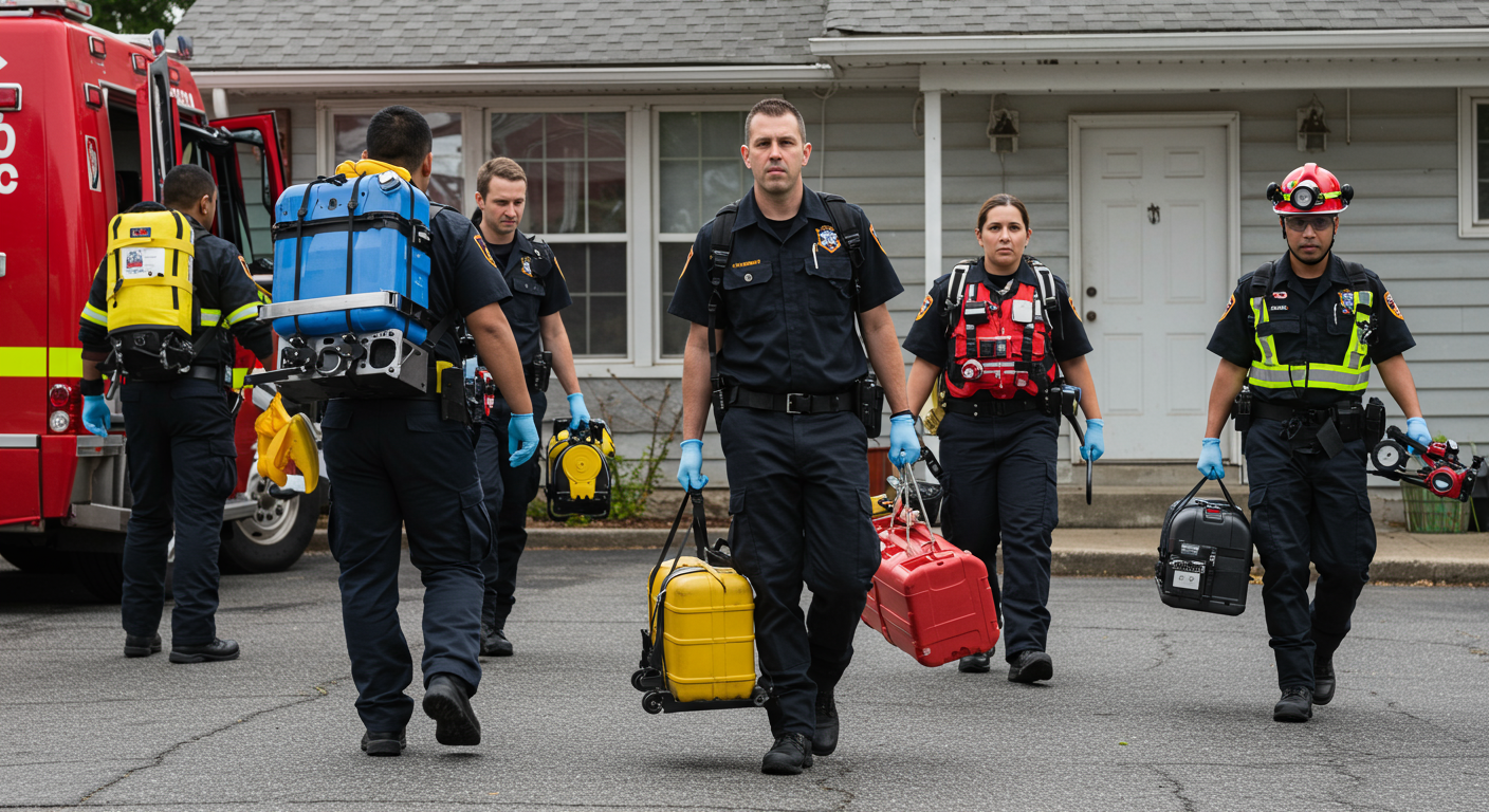 An emergency response team arriving at a home with equipment in hand, ready to tackle water damage. The team is depicted in action, showcasing their preparedness and professionalism.
