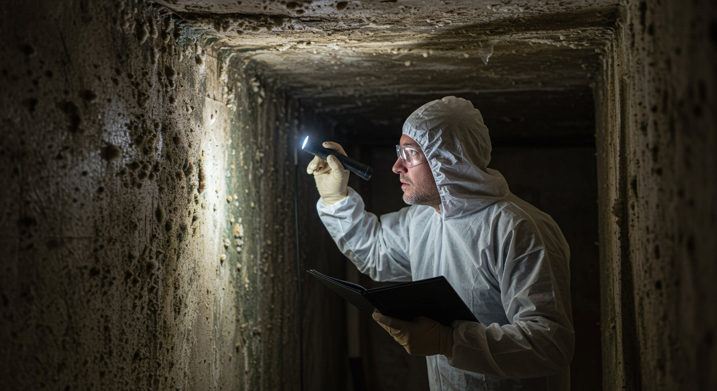 A professional mold inspector examining a residential basement with a flashlight, focusing on mold growth on the walls. The inspector is wearing protective gear, emphasizing safety.