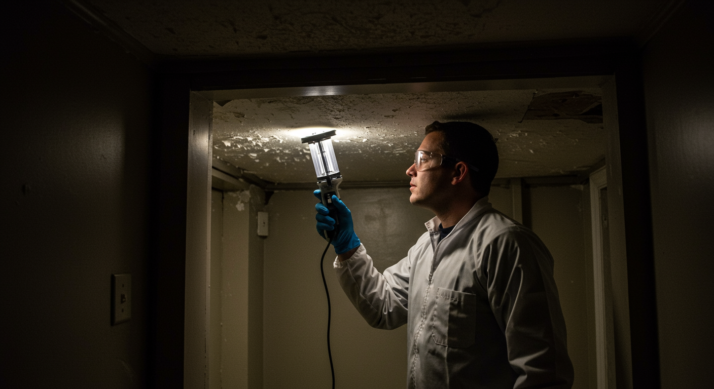 A technician using advanced mold detection equipment in a dimly lit area of a New Orleans home, highlighting the urgency and importance of professional mold inspection services.
