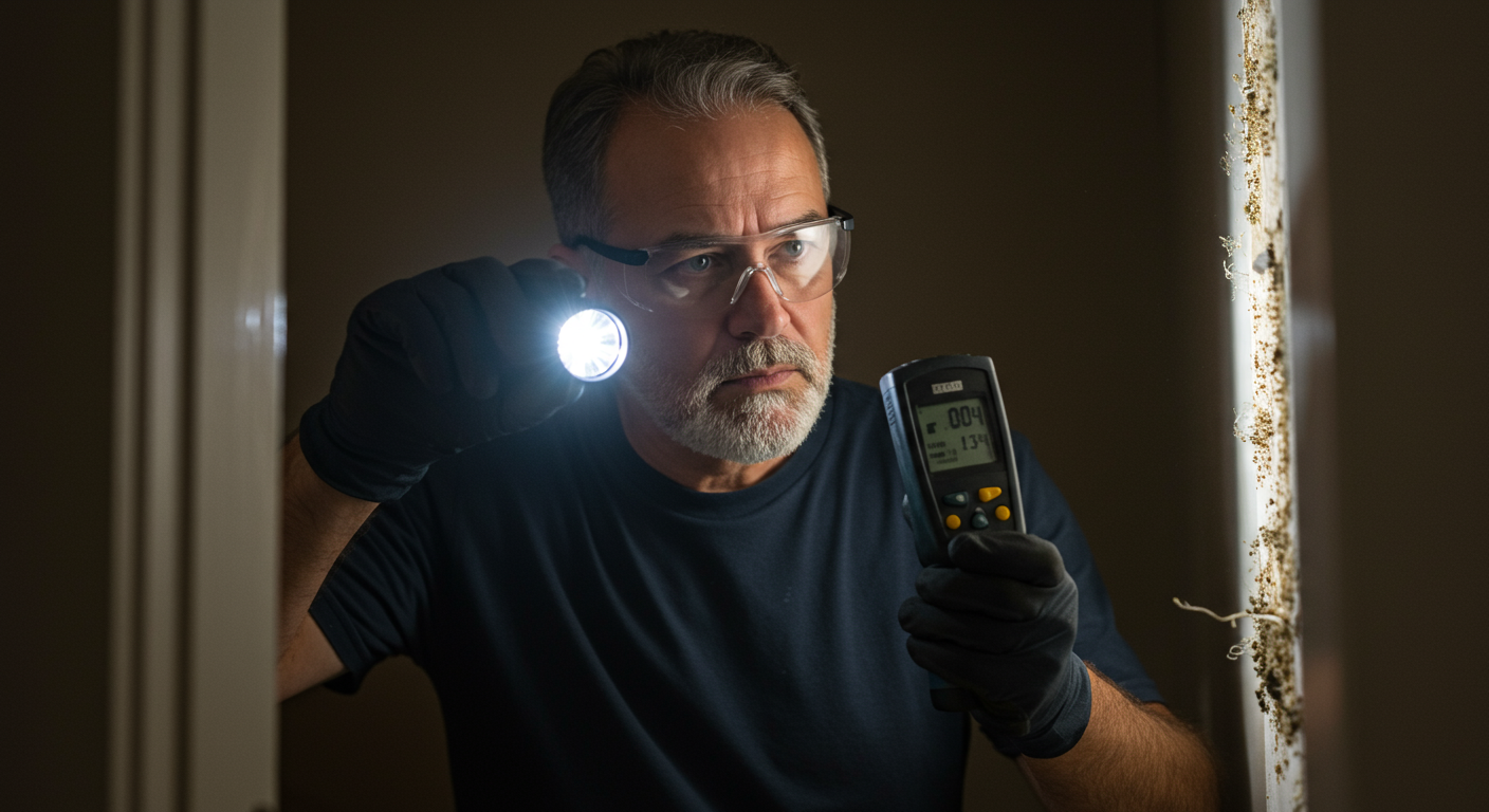 A professional mold inspector examining a home’s interior with a flashlight and moisture meter, highlighting areas of concern.